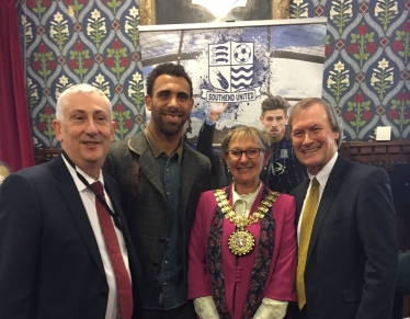 Left to right: Lindsay Hoyle, Anton Ferdinand, The Mayor of Southend Cllr Judith McMahon and Sir David